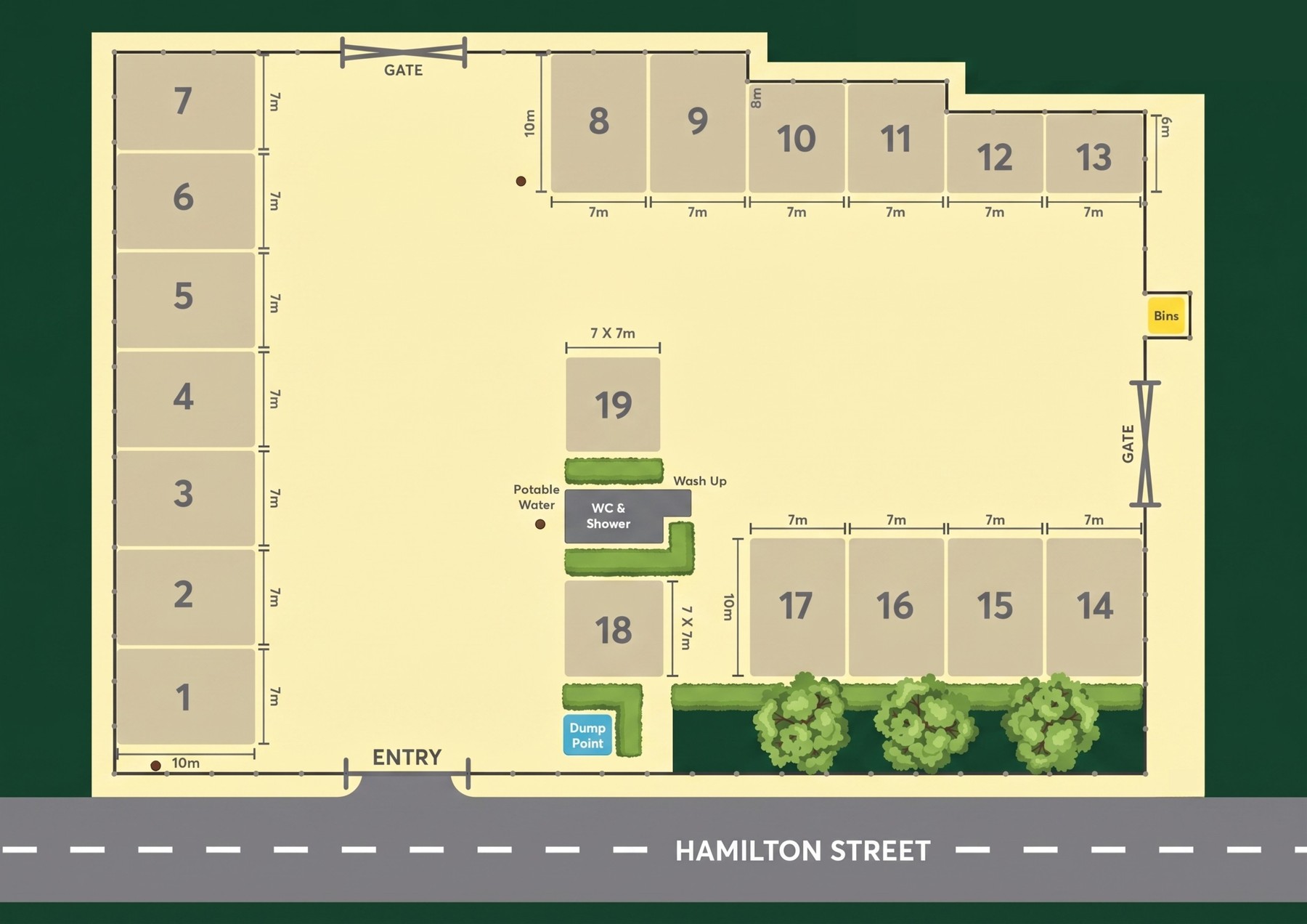 Warwick RV Park layout plan showing 19 sites, gates, amenities and entry off Hamilton Street